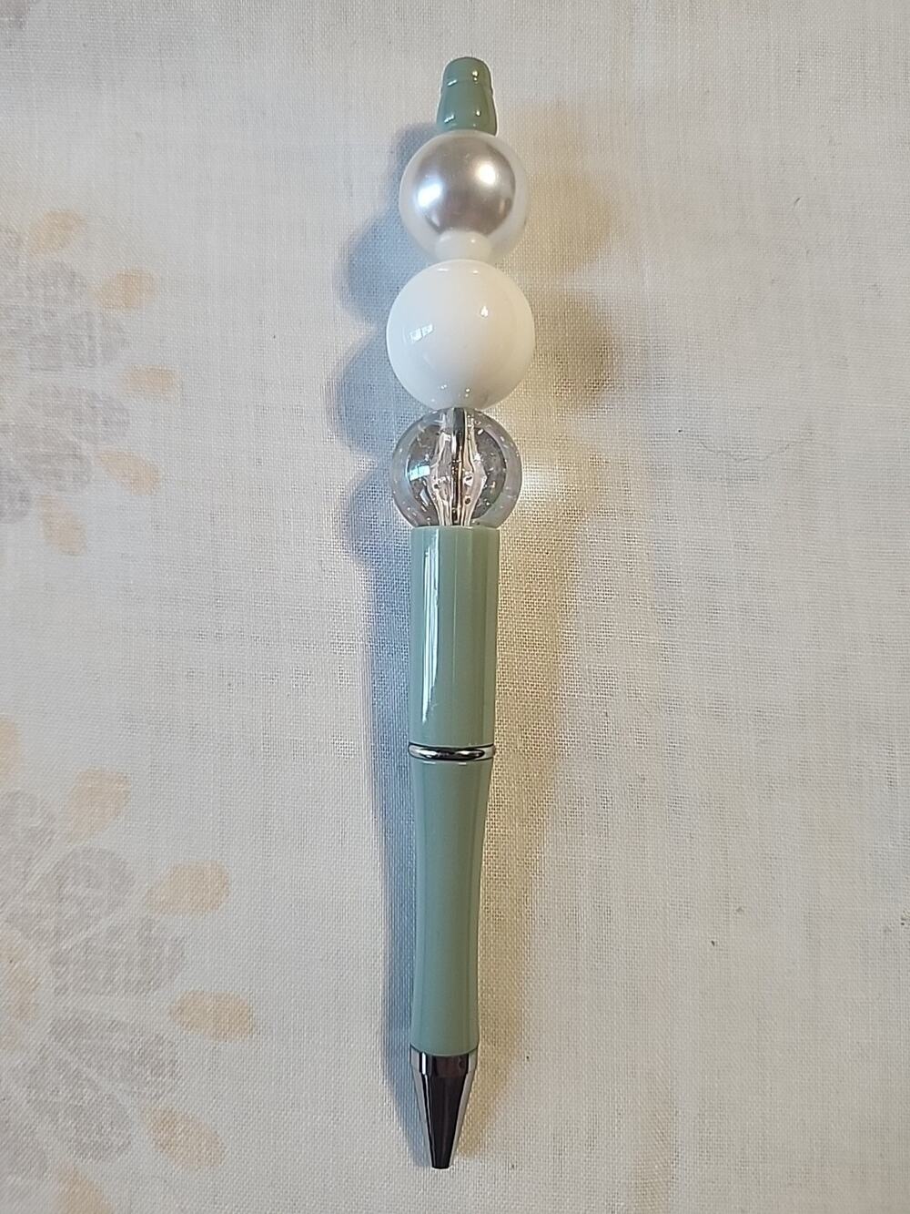 Bead Pen Olive Green Pen Pearl, White, Clear Specked Beads